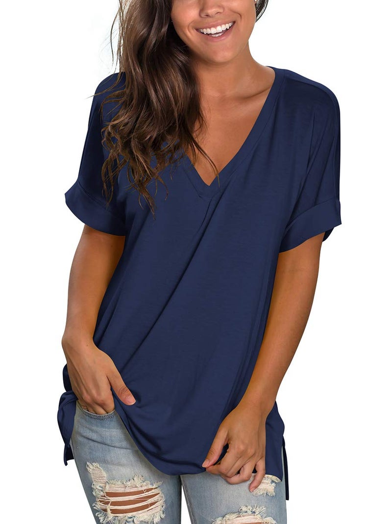 SAMPEEL Juniors Short Sleeve Tunic Tops Flowy Summer Loose Fit Tees Tops Navy Blue XL - Image 2
